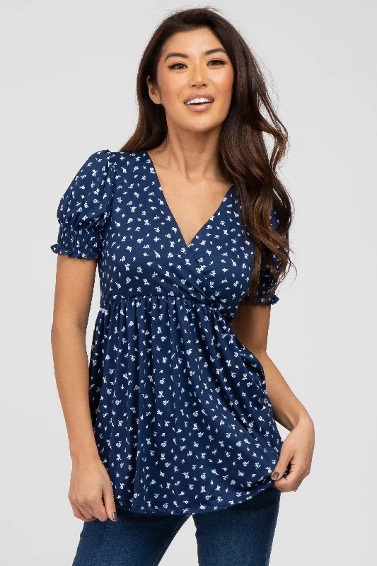 Spring Fashion Navy Ditsy Floral Smocked Sleeve Wrap Top