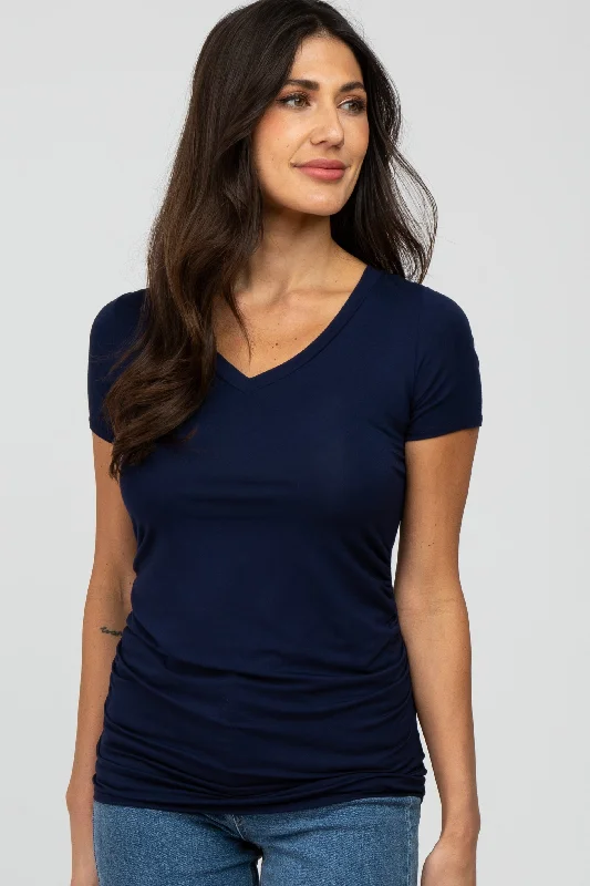 Break Fashion Norms Navy Blue V-Neck Ruched Side Top