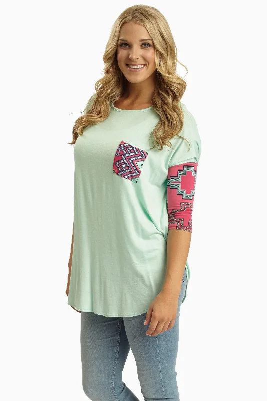 Stay Ahead In Style Mint Green Neon Aztec Printed Sleeve Top