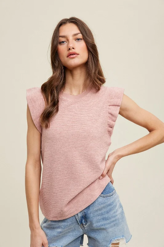 Additional Time-Limited Offers Pink Striped Ruffle Sleeve Top