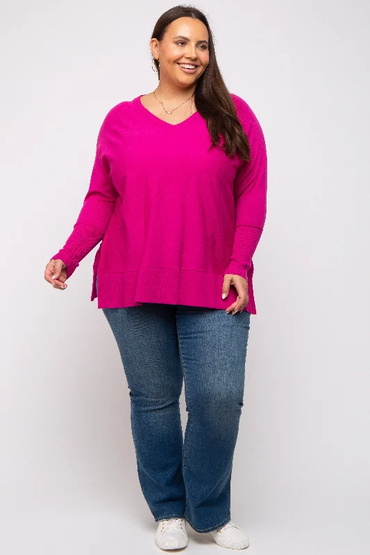 Trendy Street Style Fuchsia Knit Long Dolman Sleeve Plus Top