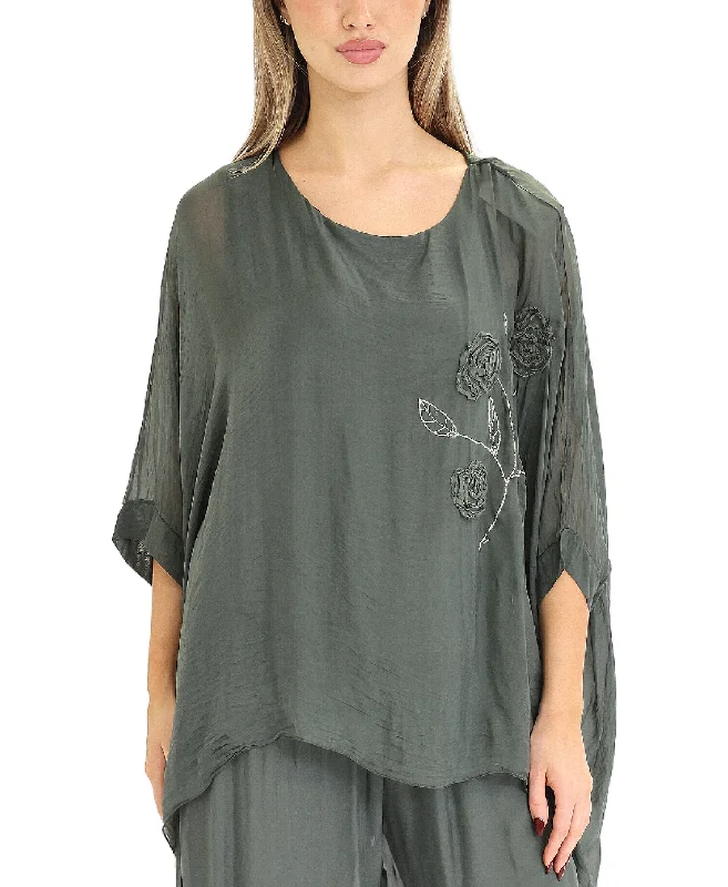 Stylish Statements Silk Hanky Hem Top w/ Floral Embroidery