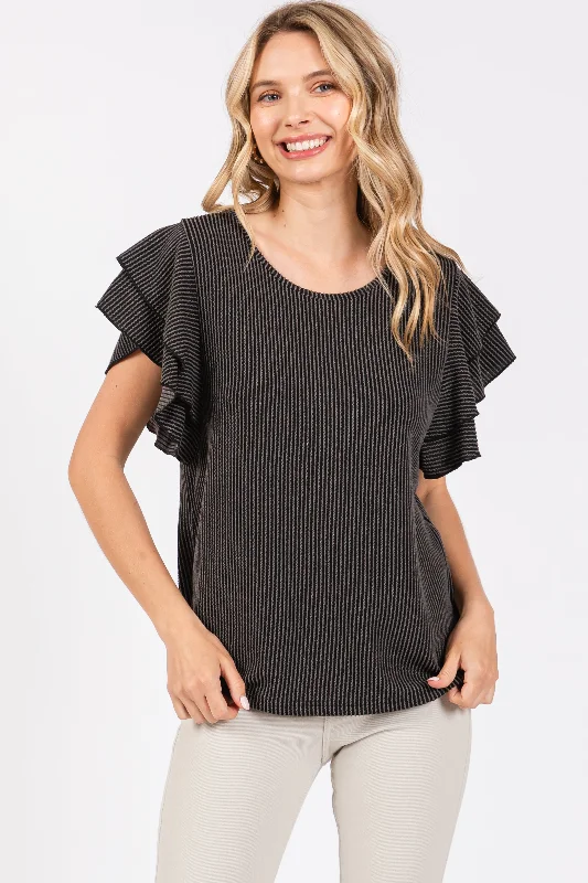 Vintage-Inspired Style Offers Charcoal Ruffle Sleeve Ribbed Top