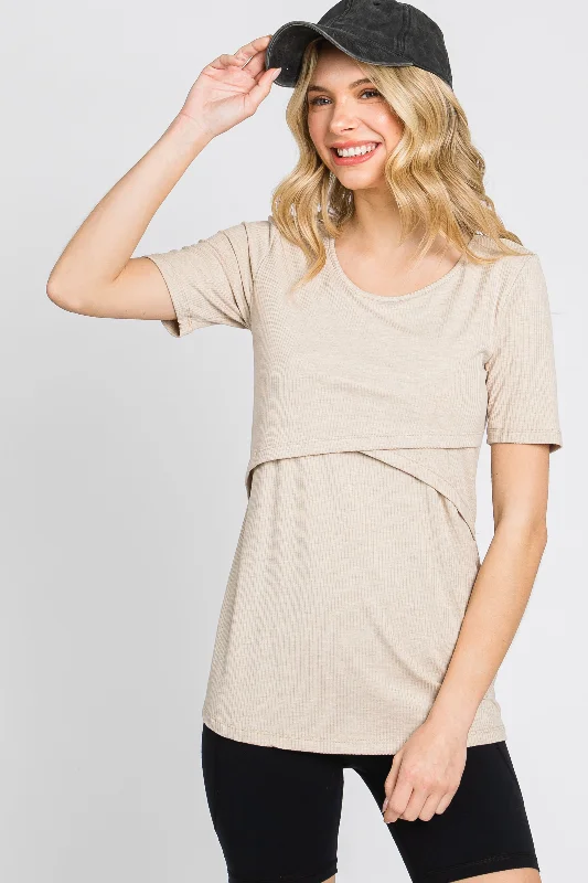 Trendy Women's Wear Collection Beige Ribbed Wrap Front Nursing Top