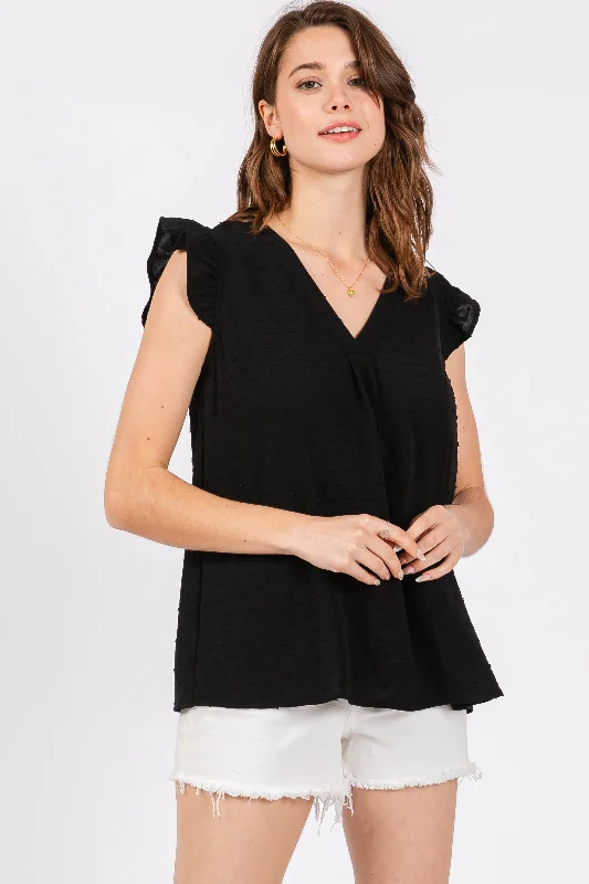 Holiday Glam Black Swiss Dot Flutter Sleeve V-Neck Top