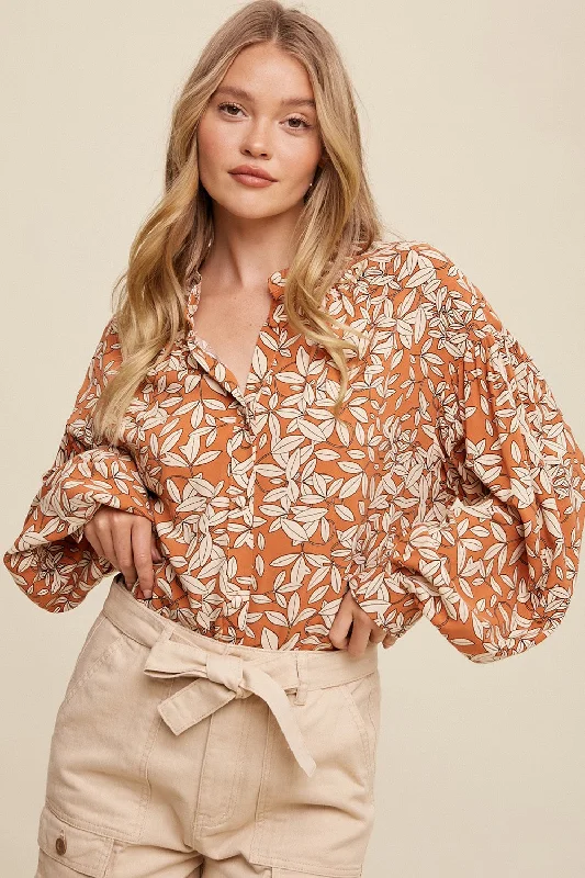 Huge Markdowns Orange Leaf Print Button Up Top