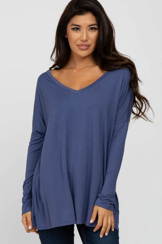 Elegant Style Blue V-Neck Top