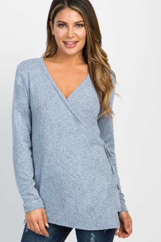 Premium Style Offers PinkBlush Light Blue Heathered Knit Wrap Tie Nursing Top