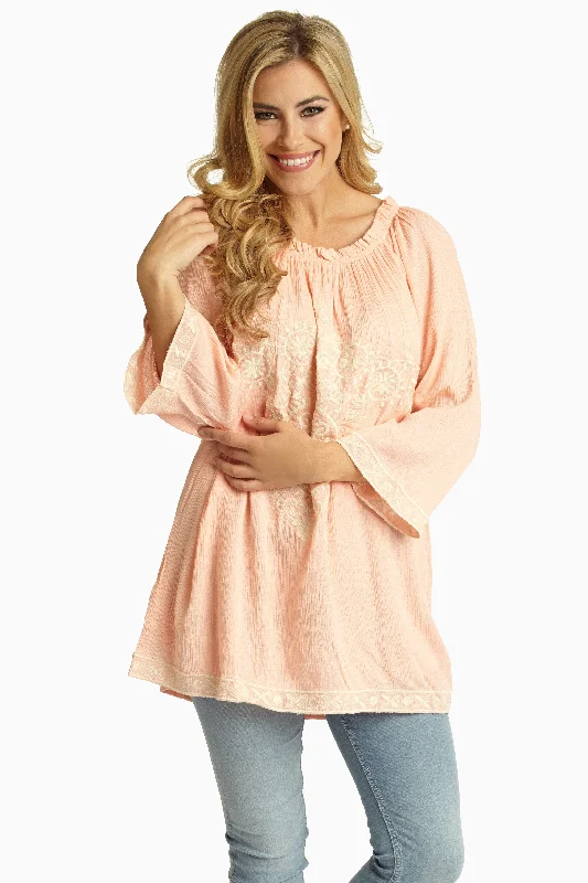 Fashionista Favorites Pink White Embroidered Linen Top