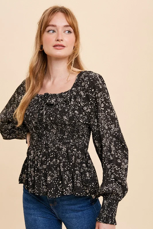 Huge Discounts This Week Black Smocked Ruffled Top