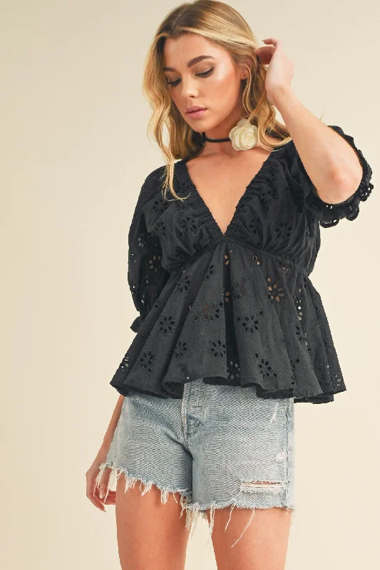 Exclusive Sale Black Eyelet Embroidered Top