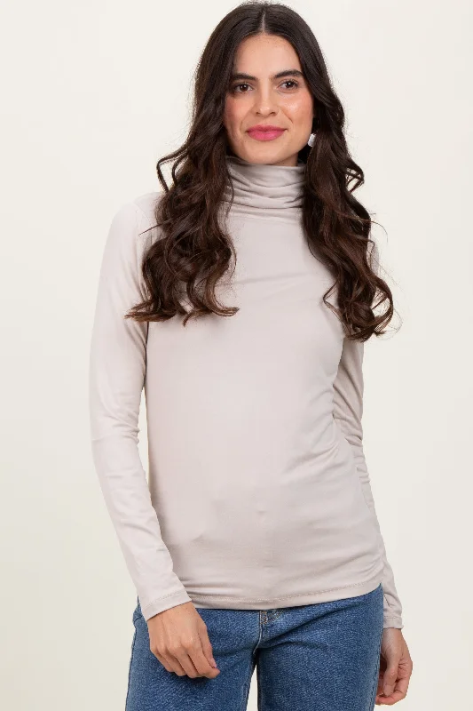 Unleash Your Trendy Side Cream Brushed Knit Basic Turtleneck Top