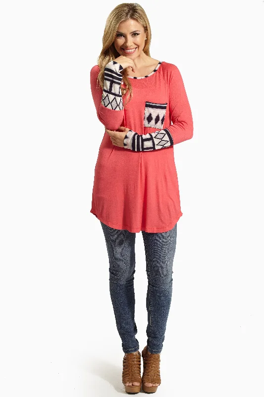 Chic & Cozy Collection Coral Tribal Print Accent Top