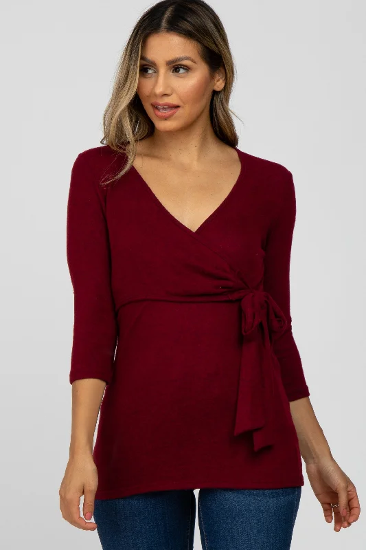 Chic Style Discounts Burgundy Brushed Knit Wrap Top