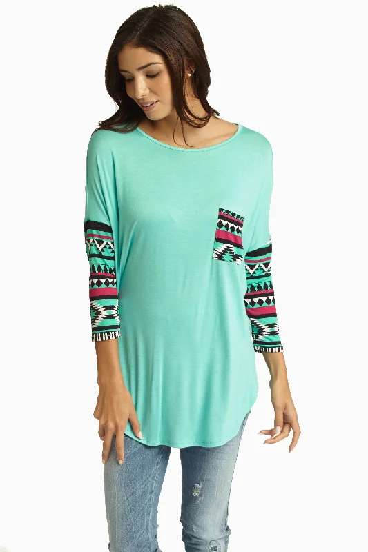 Stylish Looks Aqua Tribal Printed Sleeve Top