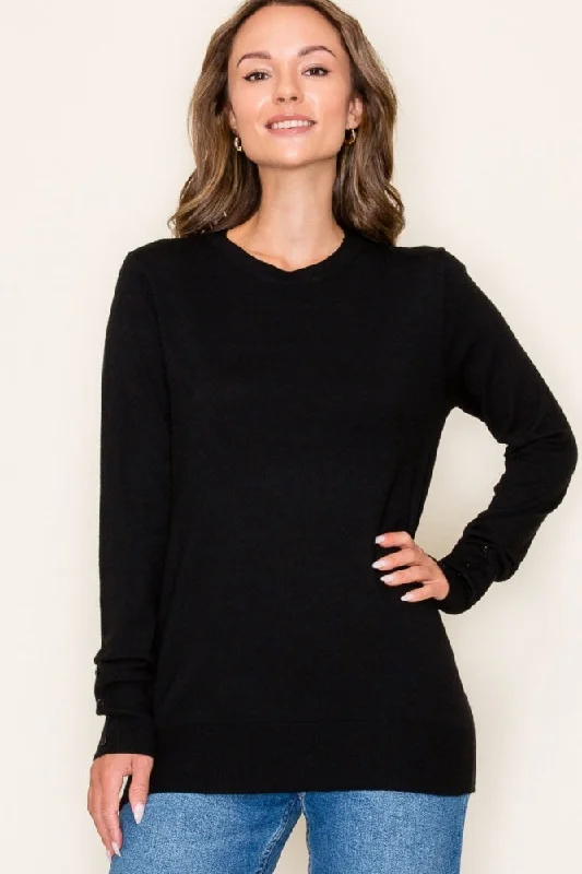 Contemporary Casual Deals Black Knit Long Button Sleeve Top