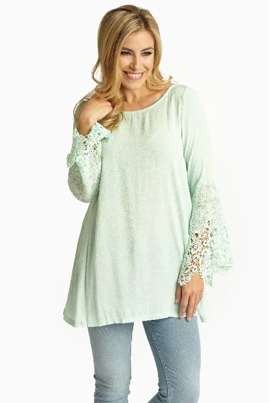 End Of Season Sale Mint Green Linen Crochet Trim Sleeves Bohemian Top