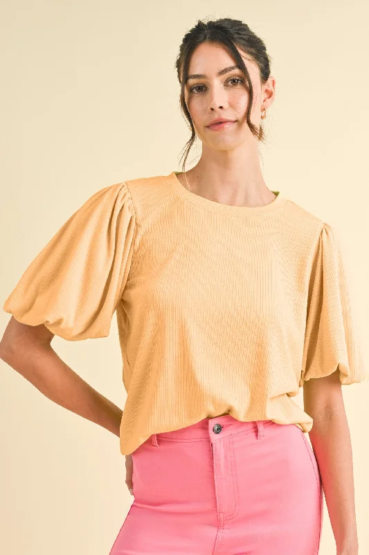 Low Price Special Peach Ribbed Puff Sleeve Top