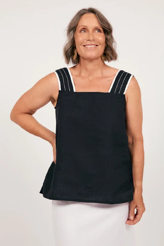 Relaxed Style Deals Bec Linen Top in Black with White Stitching