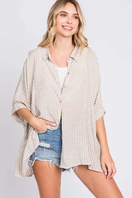 Essentials On Sale Taupe Striped Button Up Dolman Top