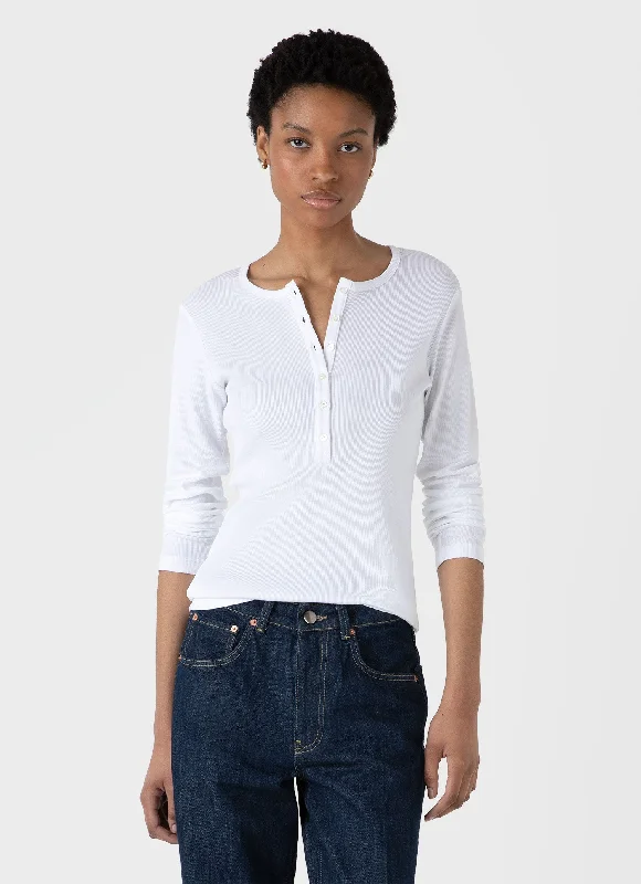 Chic And Trendy Women's Rib Henley in White