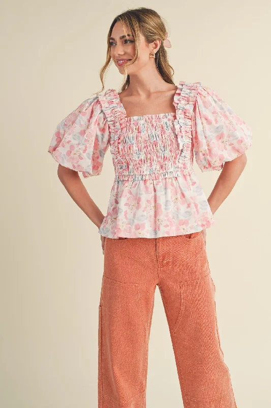 Romantic Chic Deals Pink Multi Floral Ruffle Trim Smocked Puff Sleeve Top