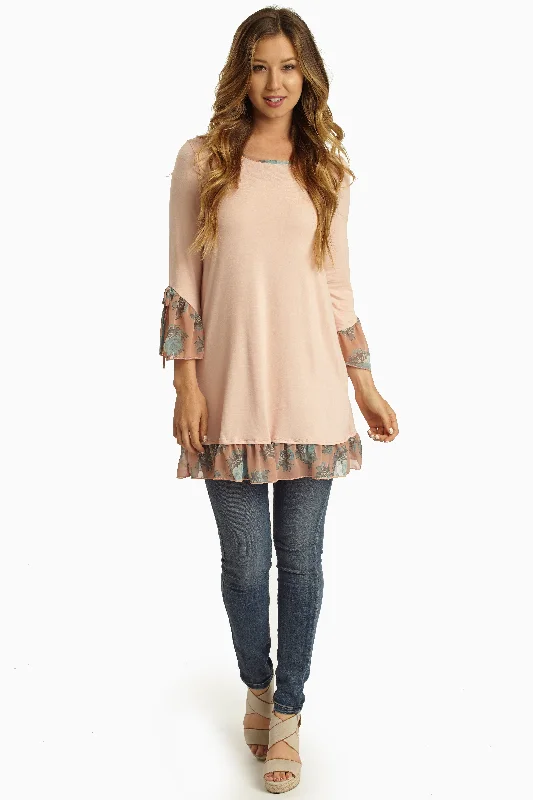 Step Ahead, Lead The Trend Light Pink Floral Chiffon Trim Top