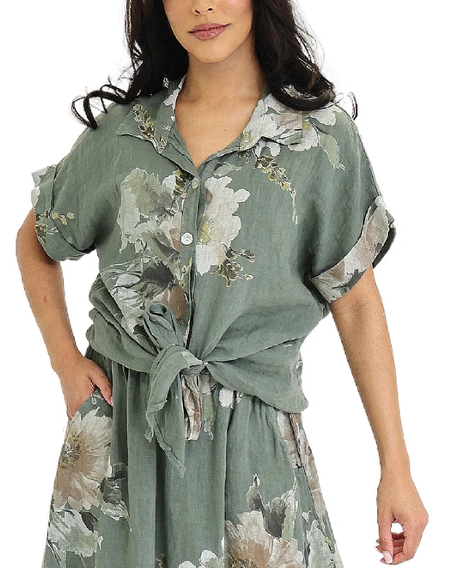 Huge Price Cut Linen Floral Tie Front Shirt