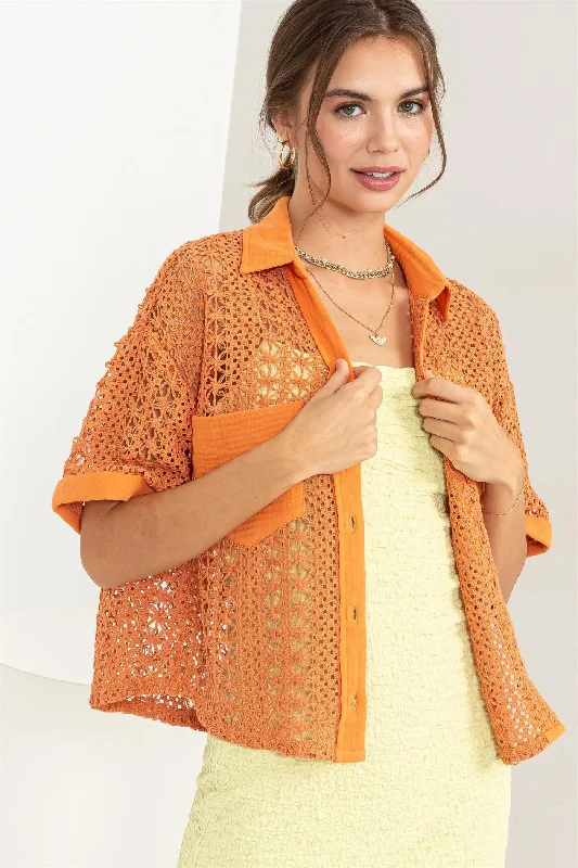 Spring Fashion Orange Crochet Button-Front Top