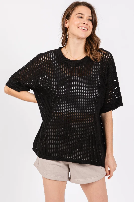 Seasonal Trends Black Crochet Knit Short Dolman Sleeve Top