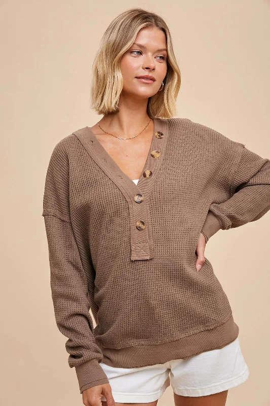 Affordable Trendy Fashion Mocha Waffle Knit Deep V-Neck Top