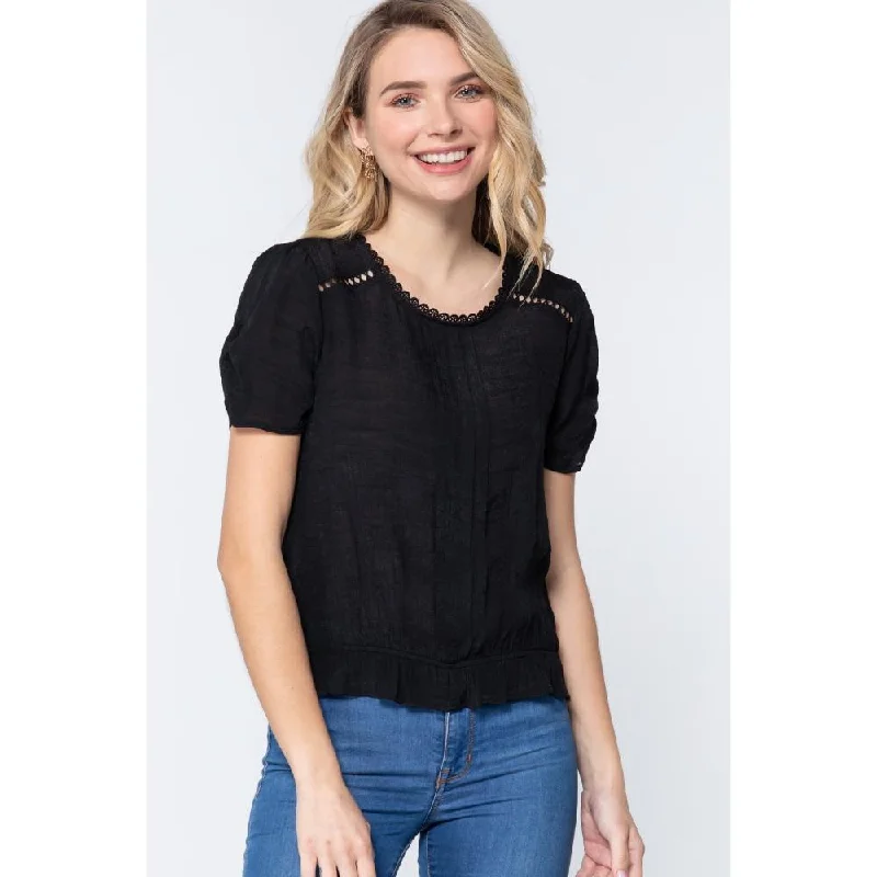 Playful Fashion Offers Short Shirring Slv Pleated Woven Top