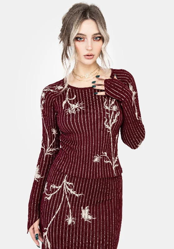 Must Haves Diastella Floral Jacquard Rib Knit Raglan Sleeve Top - Red