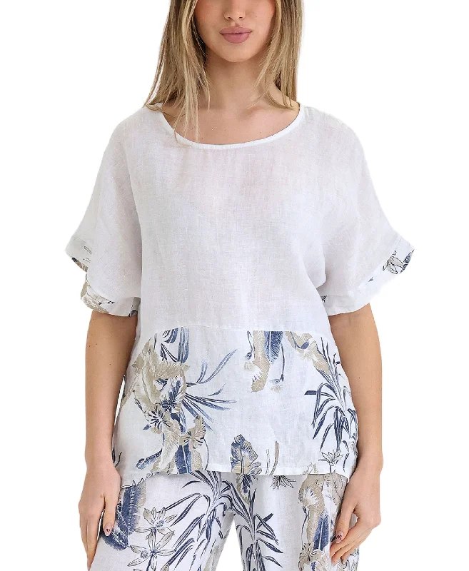 Luxury Casual Deals Linen Floral Trim Hi-Lo Top