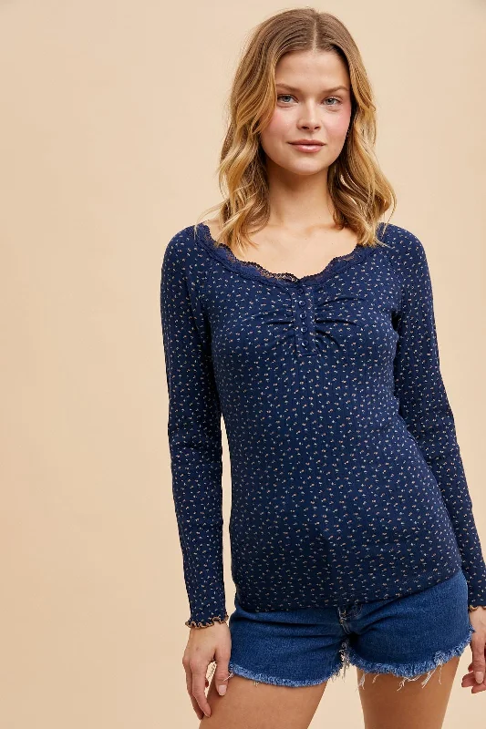 On-Trend Fashion Offers Navy Lace Trim Floral Fitted Top