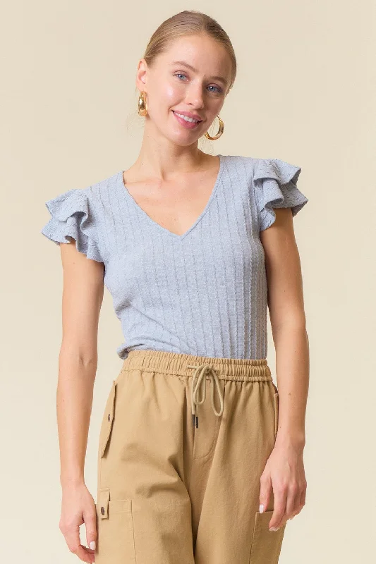 Contemporary Chic Promotions Heather Grey Cable Knit Layered Ruffle Sleeve Top