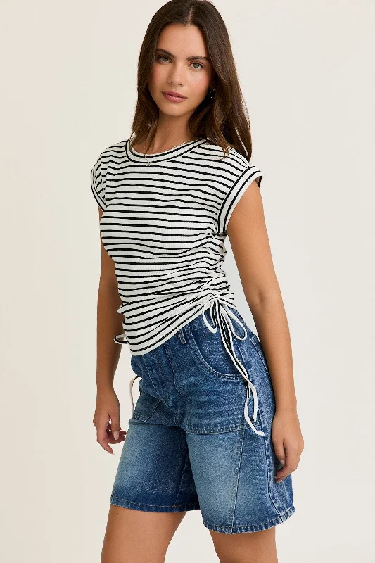 Glamorous Fashion Offers White Striped Ruched Side Tie Top