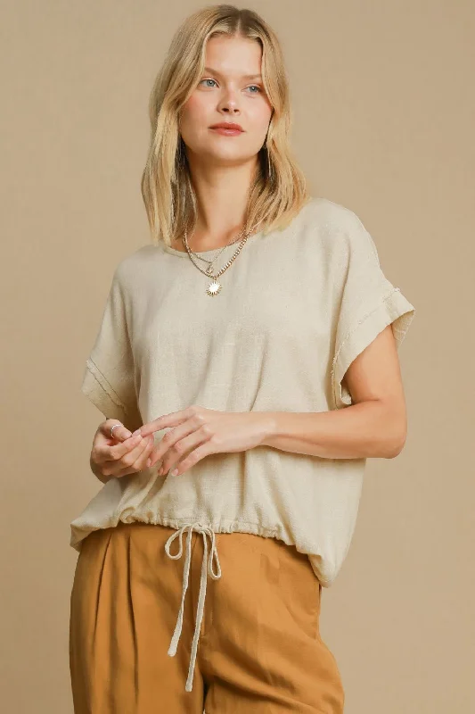 Style Redefined Cream Drawstring Hem Linen Top