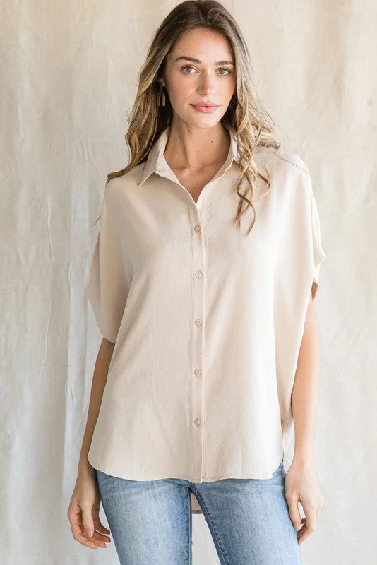 Fashion Sale Beige Solid Collared Button-Up Top