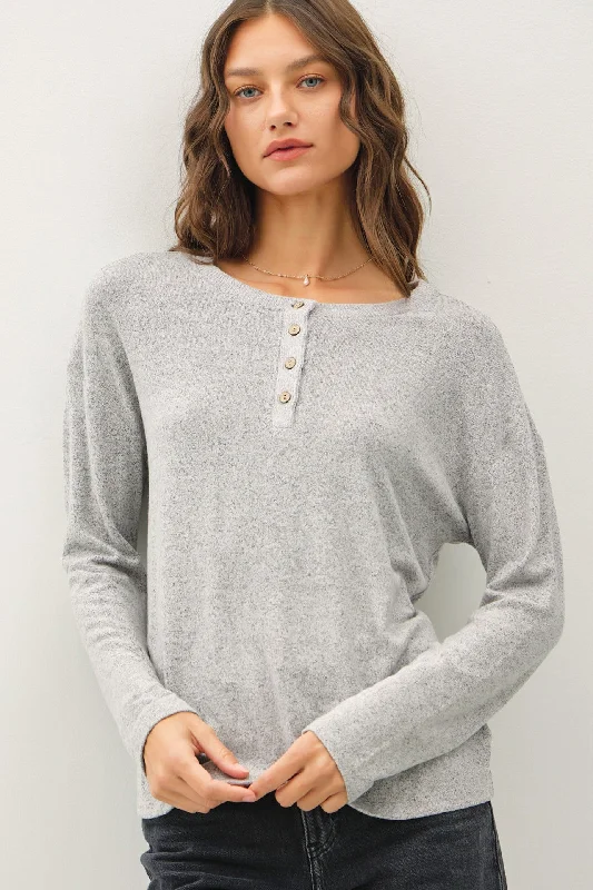 Hot Items Heather Grey Brushed Knit Henley Top