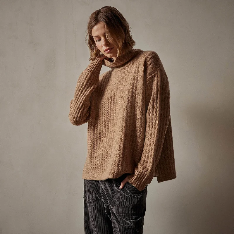 Chic Trends Unveiled Ribbed Cashmere Funnel Neck - Caramel