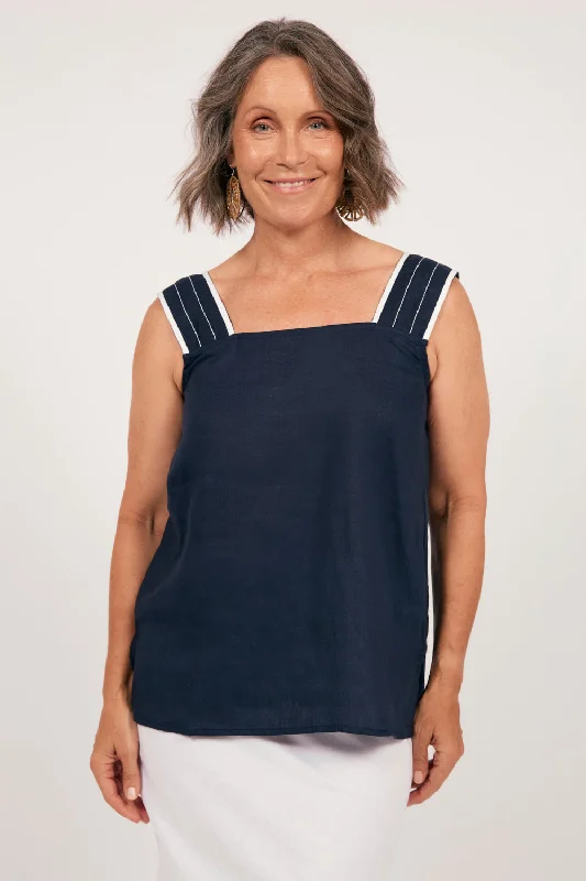 High-End Style Discounts Bec Linen Top in Navy with White Stitching