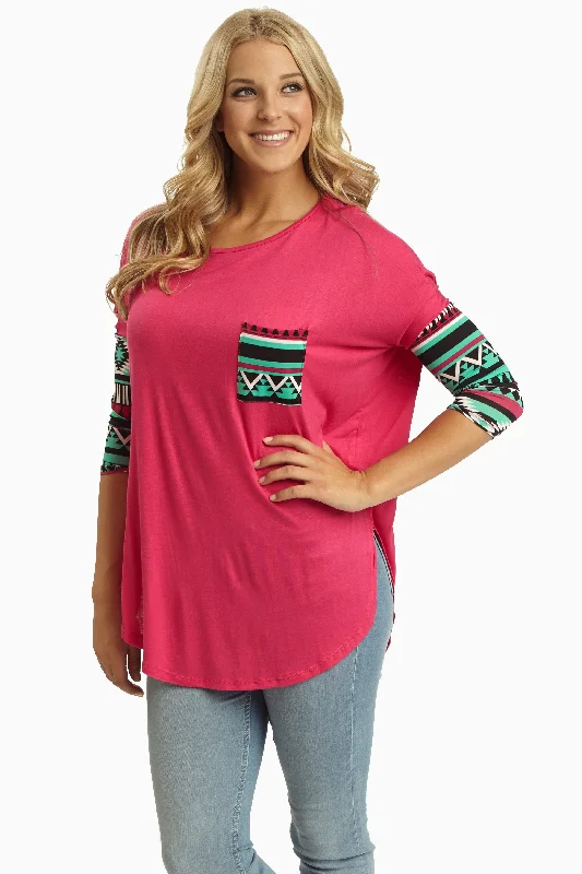 Fashion Deal Fuchsia Tribal Printed Sleeve Top