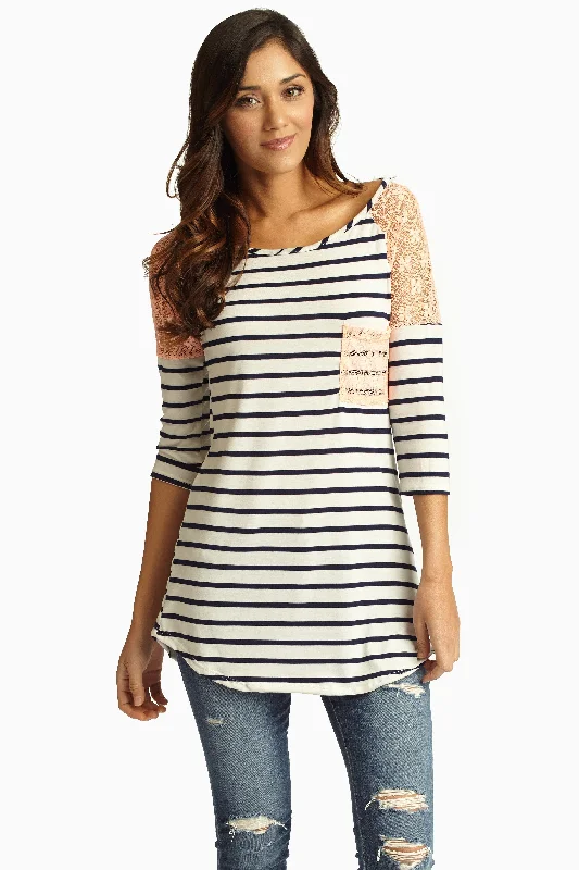 Trendy Looks On Sale Peach Lace Shoulder Striped Top