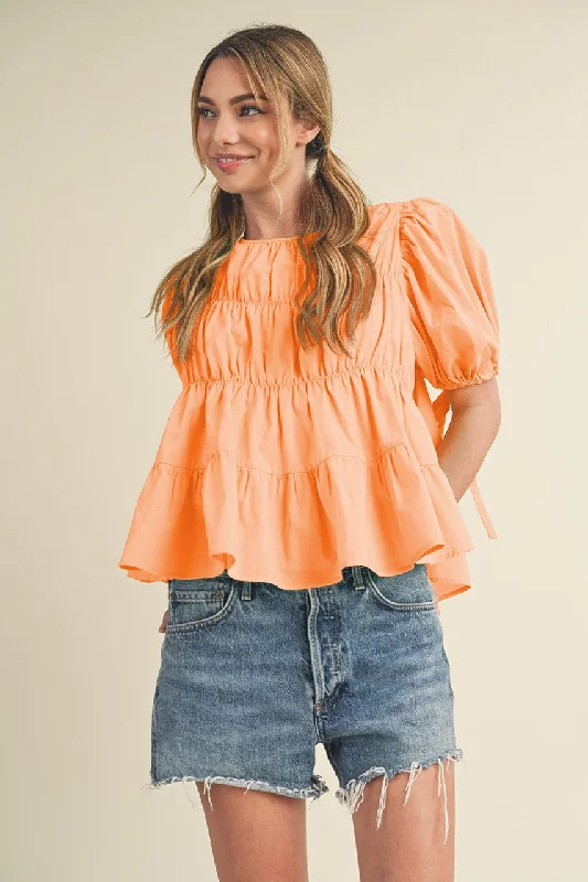 Exclusive Discounts Peach Fuzz Tiered Shirring Puff Sleeve Top