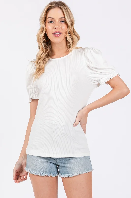 Shop Sale Items White Ribbed Puff Sleeve Top