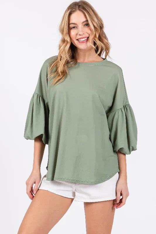 Budget Friendly Light Olive Drop Shoulder Puff Sleeve Top