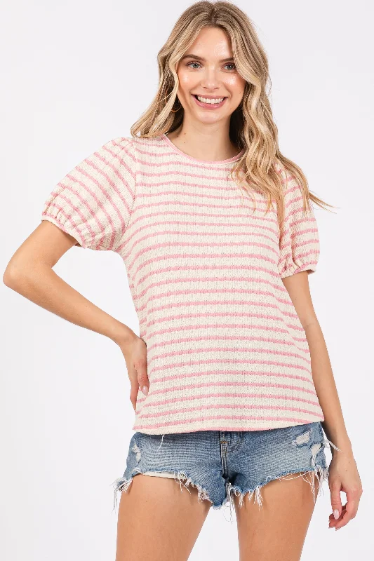 Laid-Back Fashion Offers Light Pink Striped Textured Puff Sleeve Top