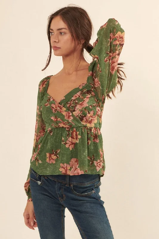 Discount Extravaganza Green Pleated Floral Chiffon Peplum Peasant Top