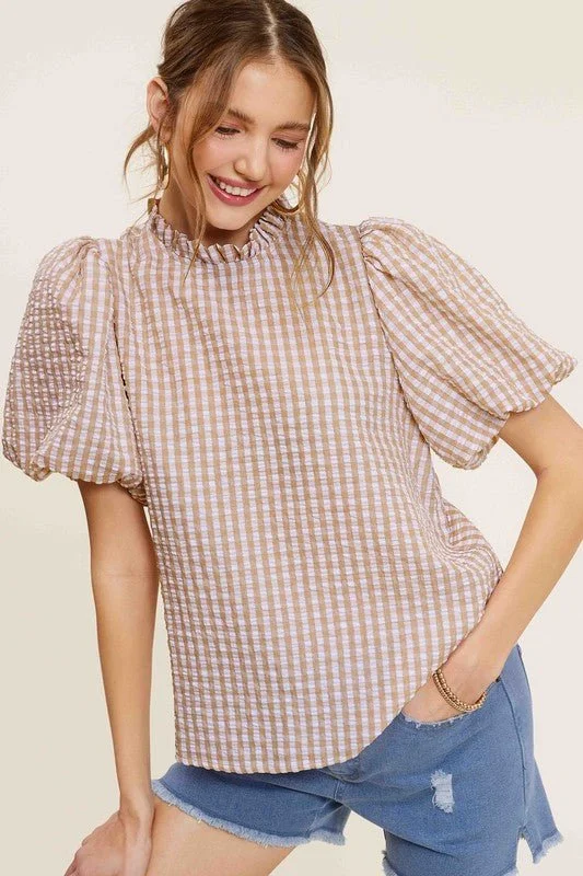 Casual Chic Deals Gingham Check Print Puff Sleeve Top